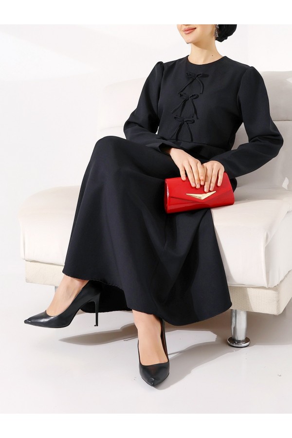 Ribbon Detailed Imported Crepe Dress -Black