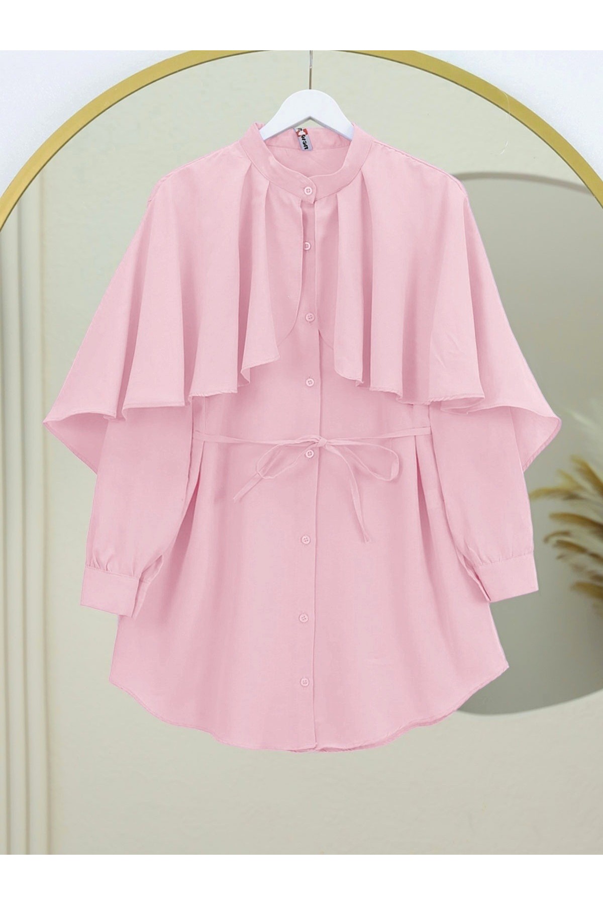 Poplin Shirt with Stand Collar Cape Detail  -Powder