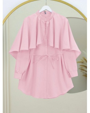 Dik Yaka Pelerin Detaylı Poplin Gömlek  -Pudra