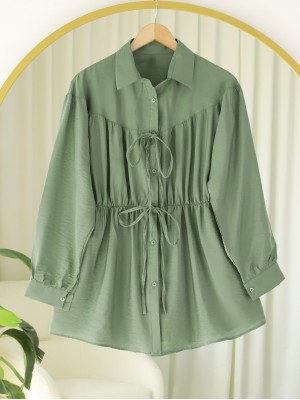 Bağlama Detaylı Beli Lastikli Düğmeli Gömlek -Haki