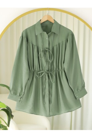 Bağlama Detaylı Beli Lastikli Düğmeli Gömlek -Haki