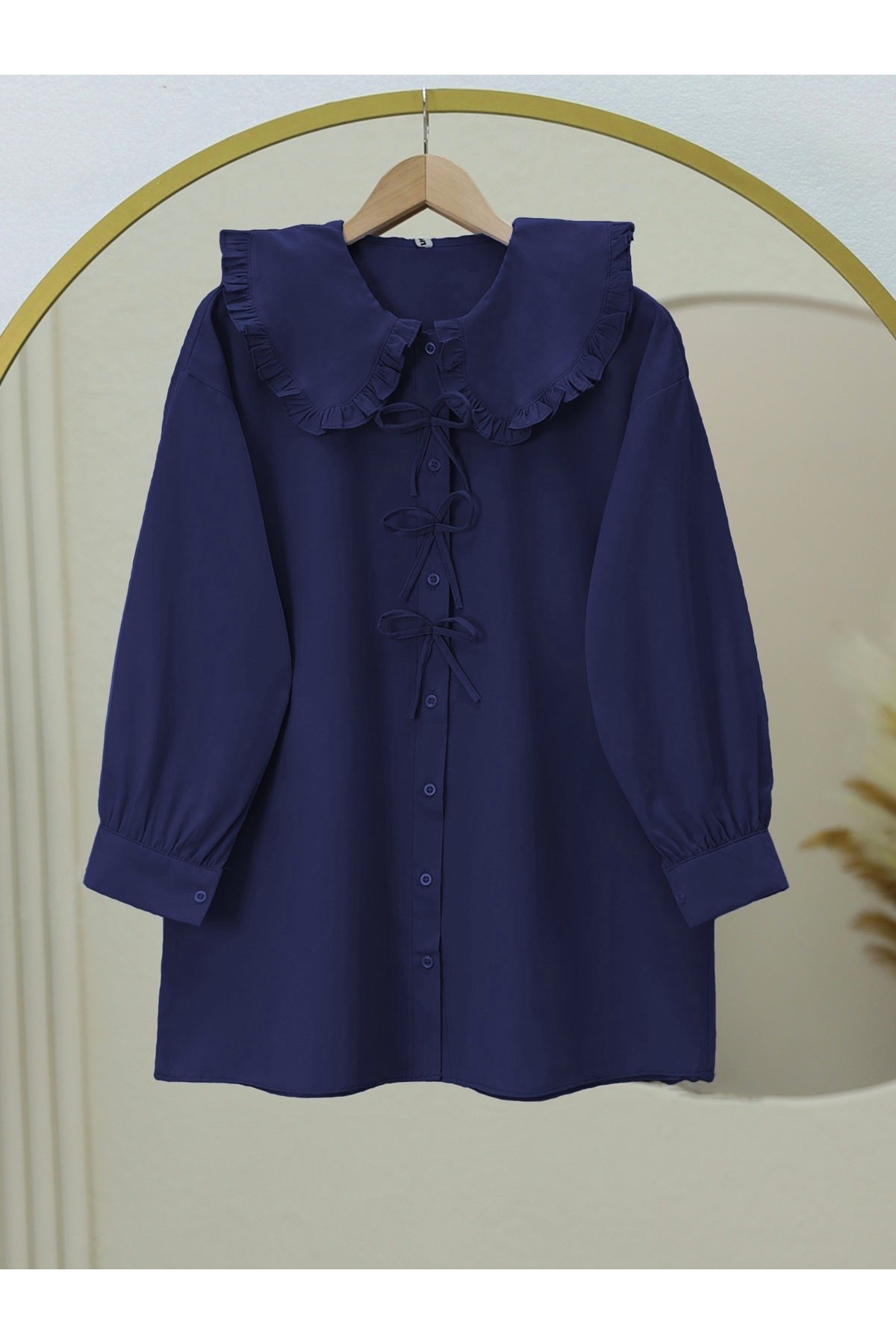 Baby Collar Poplin Shirt with Front Bow Detail   -Navy blue