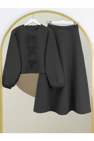 Scuba Suit with Bow Detail and Skirt -Black