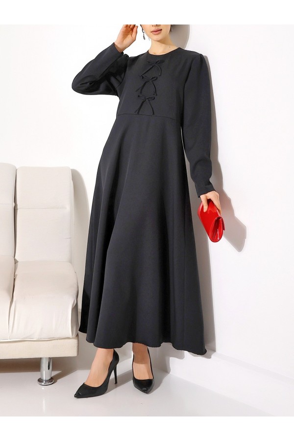 Ribbon Detailed Imported Crepe Dress -Black