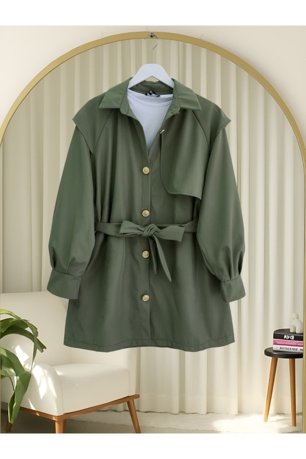 Double-Buttoned Belted Trench Coat with Brooch Buttons -Khaki