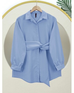 Belden Bağlamalı Fitlli Krinkıl Gömlek -Buz Mavi