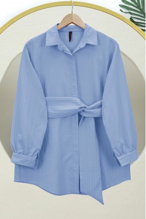 Belden Bağlamalı Fitlli Krinkıl Gömlek -Buz Mavi
