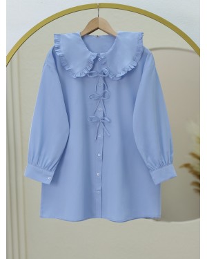 Önü Fiyonk Detaylı Bebe Yaka Poplin Gömlek  -Bebe Mavi