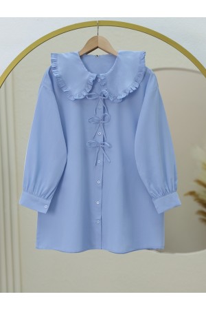 Önü Fiyonk Detaylı Bebe Yaka Poplin Gömlek  -Bebe Mavi