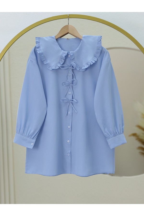 Önü Fiyonk Detaylı Bebe Yaka Poplin Gömlek  -Bebe Mavi