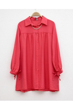Robadan Pliseli Kolları Bağcıklı Kolyeli Gömlek -Kırmızı