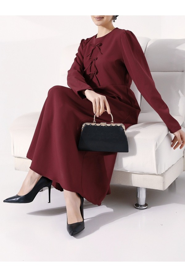 Ribbon Detailed Imported Crepe Dress -Maroon