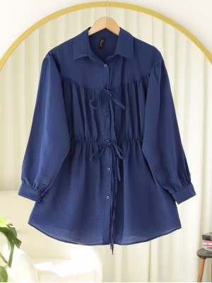 Bağlama Detaylı Beli Lastikli Düğmeli Gömlek -Laci