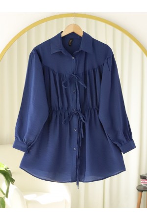 Bağlama Detaylı Beli Lastikli Düğmeli Gömlek -Laci