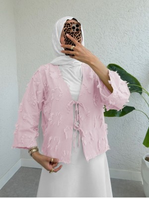 Tied Front Tassel Detailed Kimono -Powder