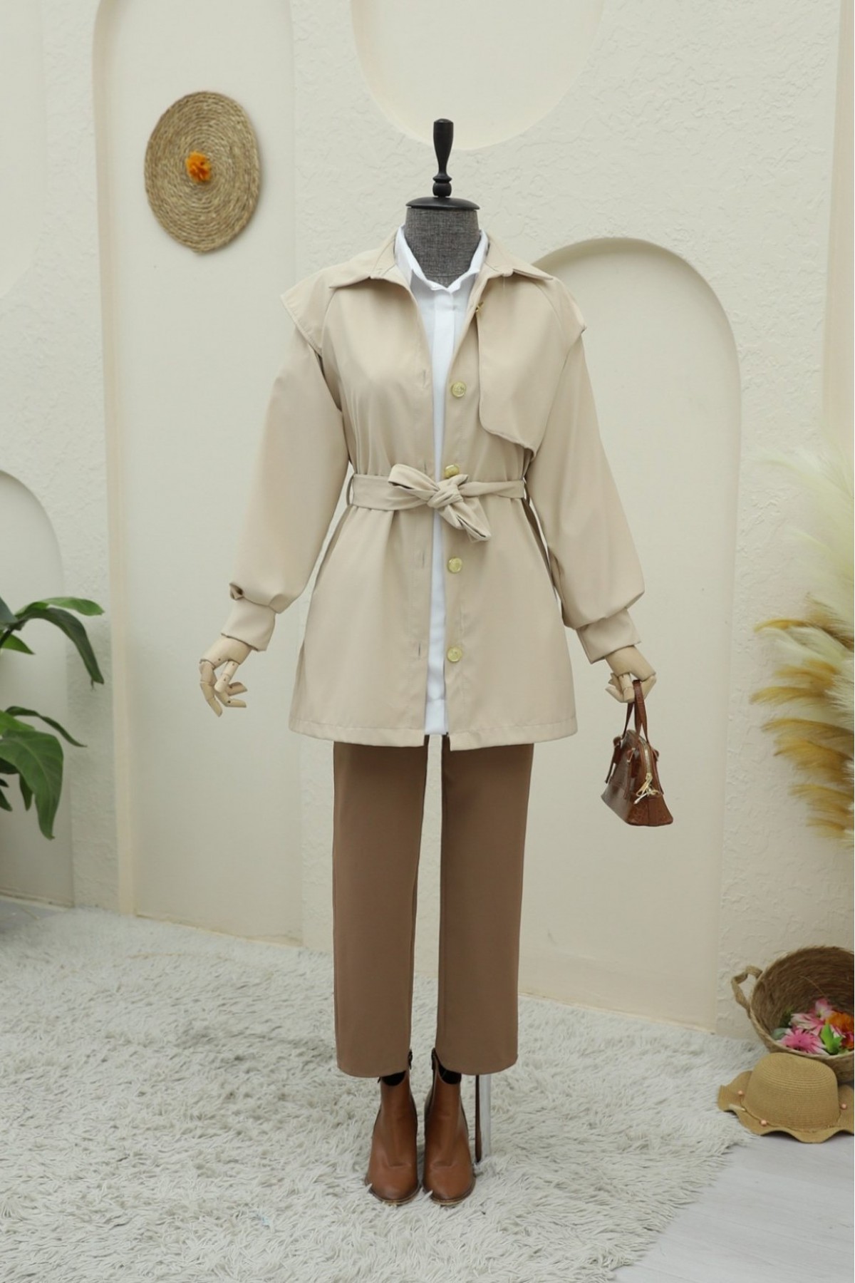 Double-Buttoned Belted Trench Coat with Brooch Buttons - Beige