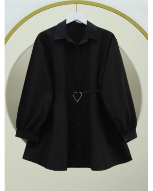 Parça Kumaşlı Düğmeli Poplin Tunik    -Siyah
