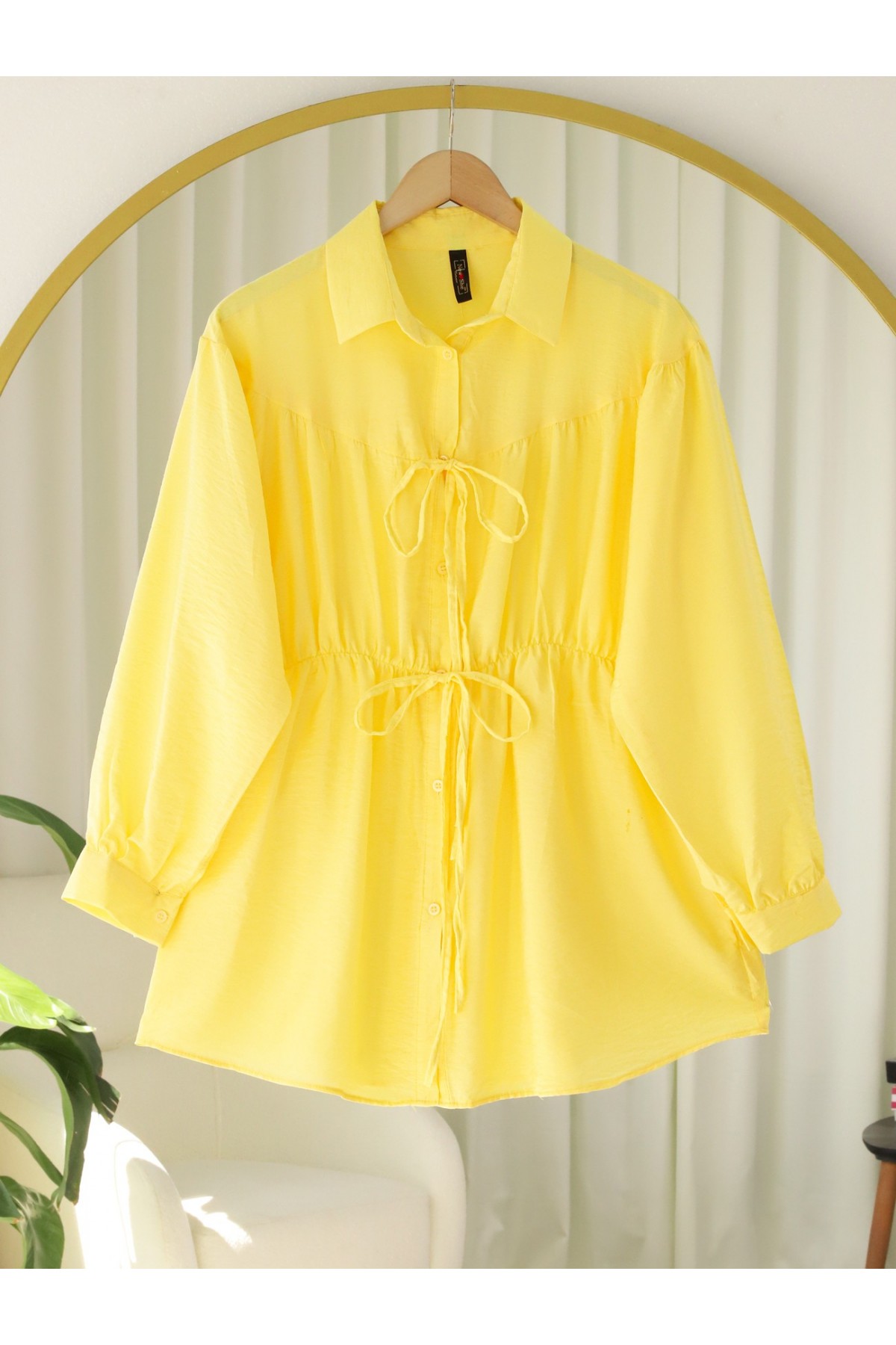 Elastic Waist Buttoned Shirt with Tie Detail -Yellow