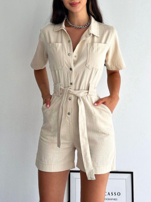 Balık Sırtı Şortlu Keten Salopet -Bej