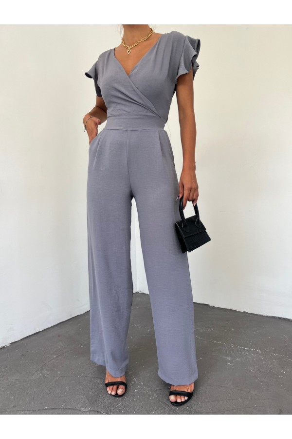 Zipper Detailed Ruffled Jumpsuit  -Grey