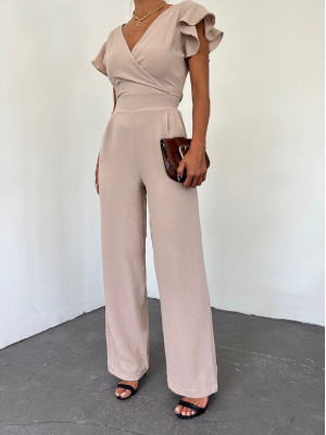 Fermuar Detaylı Fırfırlı Tulum  -Açık Vizon