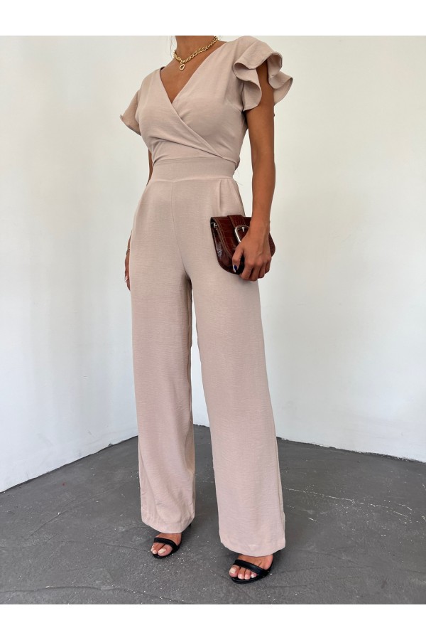 Zipper Detailed Ruffled Jumpsuit  -Light Mink
