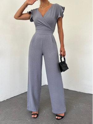 Fermuar Detaylı Fırfırlı Tulum  -Gri