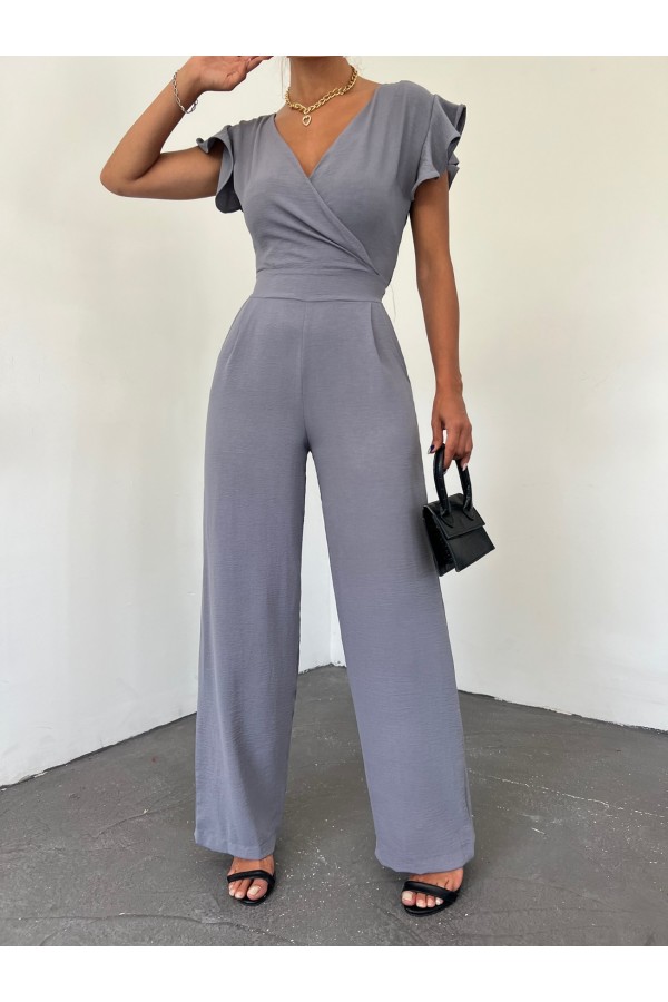 Zipper Detailed Ruffled Jumpsuit  -Grey