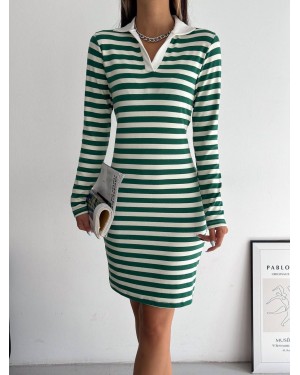 Collared Striped Long Sleeve Dress -Green