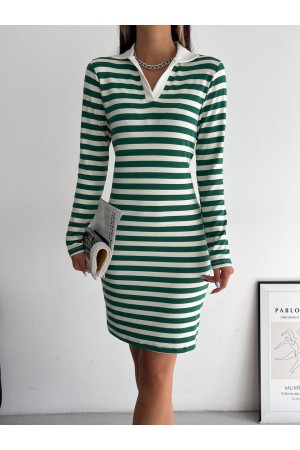 Collared Striped Long Sleeve Dress -Green