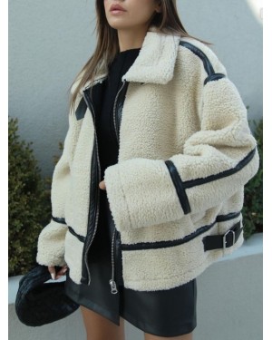 Leather Piping Plush Coat -Stone