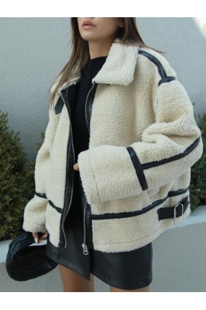 Deri Biyeli Peluş Mont -Taş