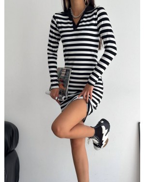 Collared Striped Long Sleeve Dress -Black