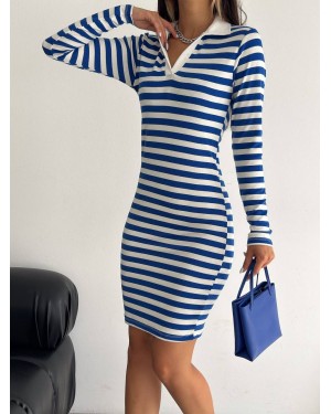 Collared Striped Long Sleeve Dress -Blue