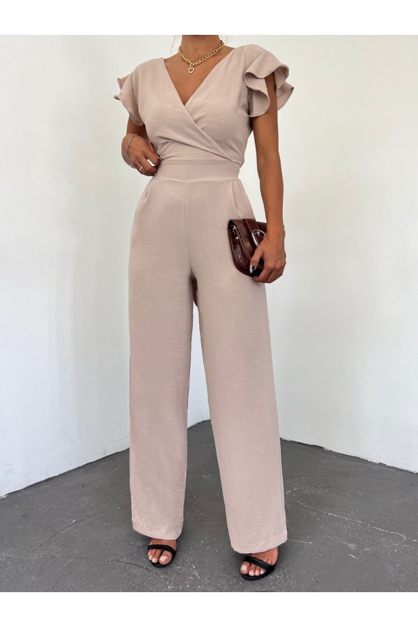 Zipper Detailed Ruffled Jumpsuit  -Light Mink