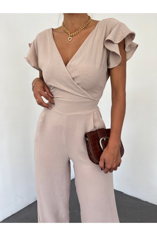 Zipper Detailed Ruffled Jumpsuit  -Light Mink