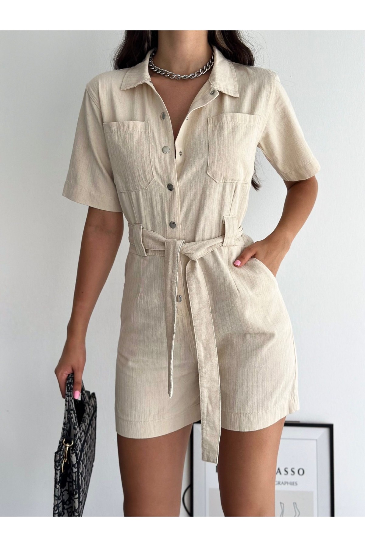 Herringbone Shorts Linen Loafers - Beige