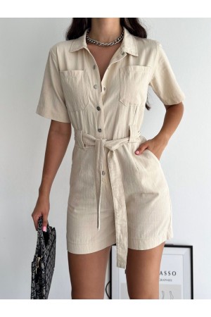 Balık Sırtı Şortlu Keten Salopet -Bej