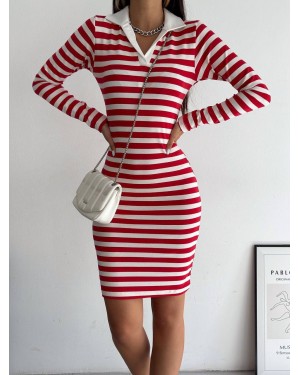Collared Striped Long Sleeve Dress -Red