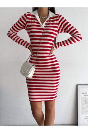 Collared Striped Long Sleeve Dress -Red