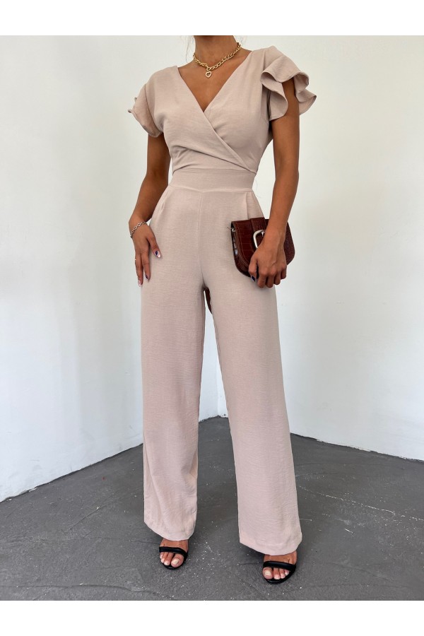 Zipper Detailed Ruffled Jumpsuit  -Light Mink