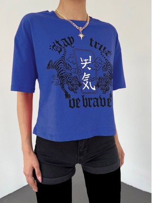 Yuvarlak Yaka Baskılı Crop Tişort -Mavi