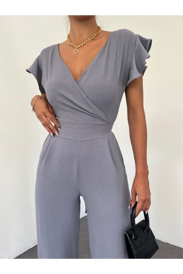 Zipper Detailed Ruffled Jumpsuit  -Grey