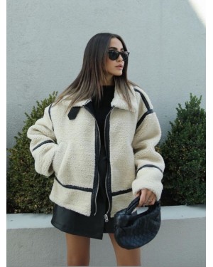 Leather Piping Plush Coat -Stone