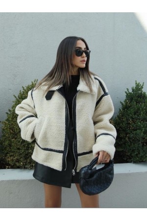 Leather Piping Plush Coat -Stone