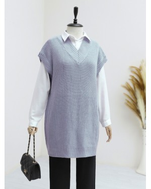 V yaka Geniz Ribanalı Prinç Örme Uzun Süveter  -Gri