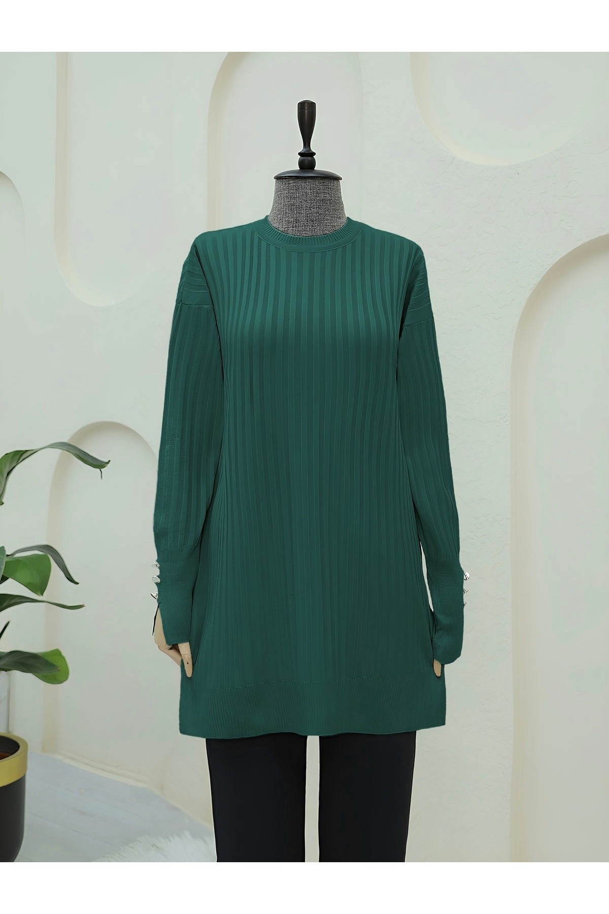 Crew Neck Ribbed Slit Knit Tunic -Emerald