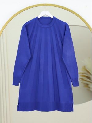 Yırtmaçlı Yelpaze Desenli Triko Tunik -Saks