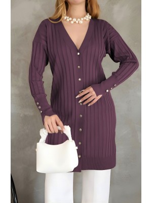 Metal Düğmeli Yırtmaçlı Triko Hırka  -Bordo