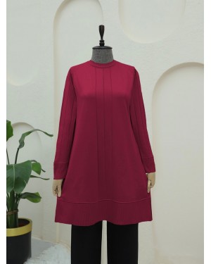 Knitted Tunic with Ribbed Sleeve Cuff and Slit -Red